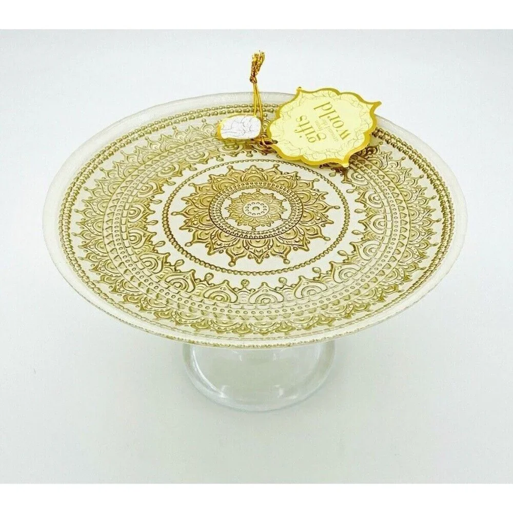 Turkish Glass White Cake Stand Glass Pedestal Dessert Platter Gold Lace 8.2